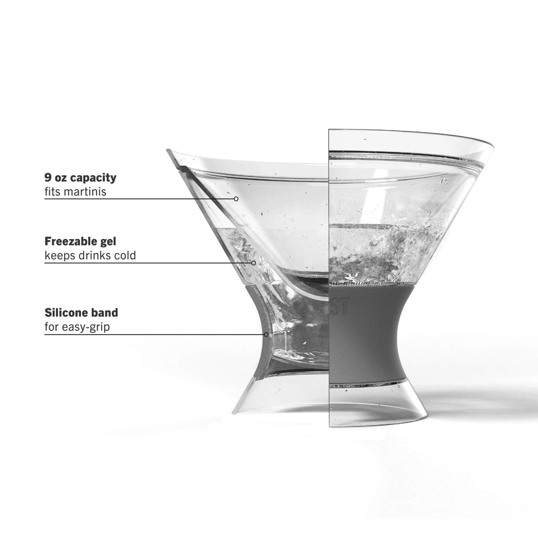 Freeze Insulated Martini Cooling Cups, Plastic Freezer Gel Chiller Double Wall Stemless Cocktail Glass Set of 2, 9 oz, Grey