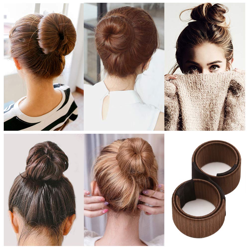 3 Pack Magic Bun Maker, Mini Buns Maker Donut Thin Hair Ballet Bun Maker Easy Tool Kids Hair Shaper with 4 Pack Foam Sponge Bun Maker(2 Small,2 Large) Hair Accessories-Brown