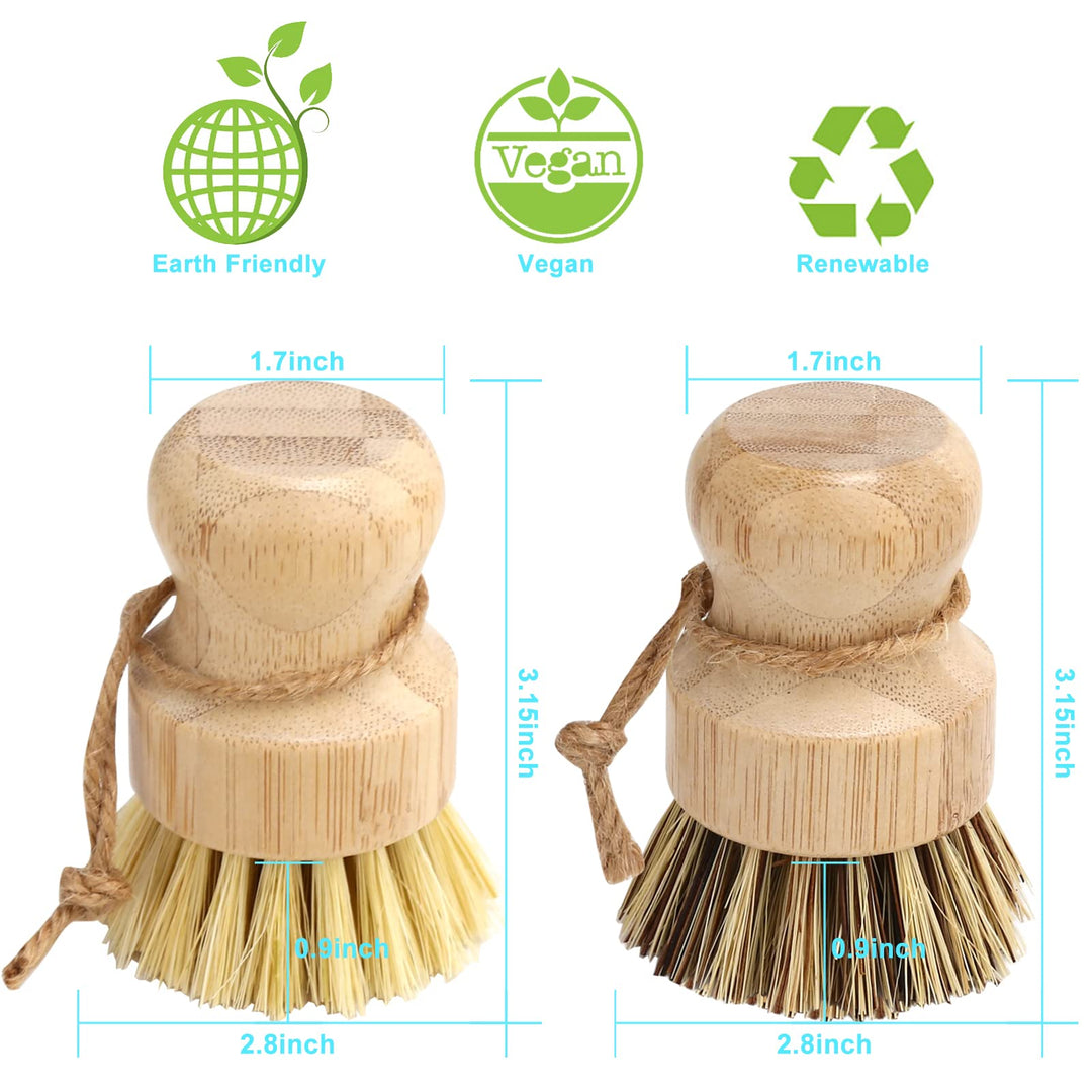 Bamboo Dish Brush Set, 4 Pcs Palm Wooden Dish Scrubber Brush, Dish Brushes, Durable Wood Dishes Scrub Brush, Natural Round Vegetable Cleaning Pots Pans Sink Washing Kitchen Brush