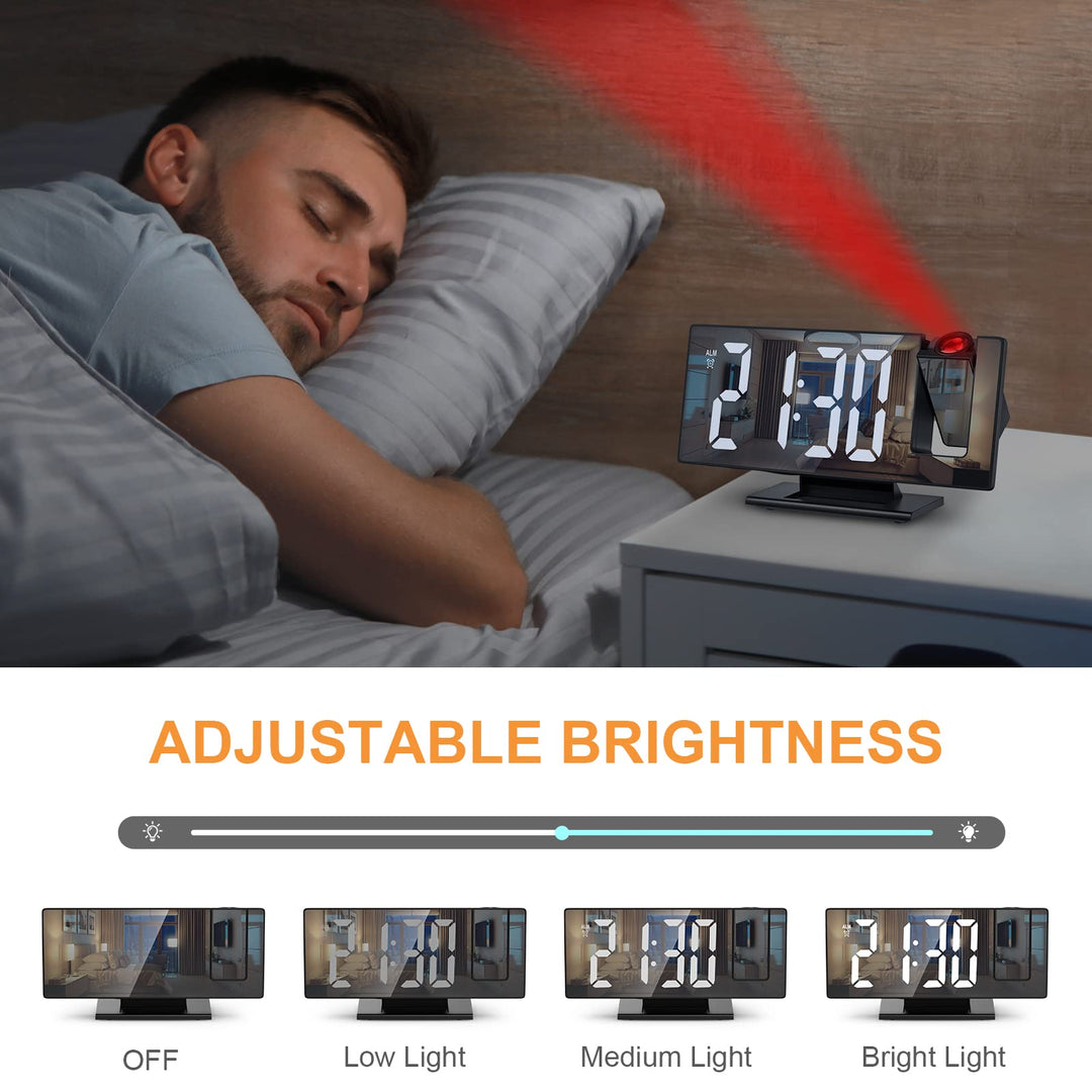 Digital Alarm Clock, Projection Alarm Clock for Heavy Sleepers, Digital Clock for Bedroom with Large LED Screen, 12/24H, USB Charging Port, Snooze, Memory Function, Brightness-Adjustable
