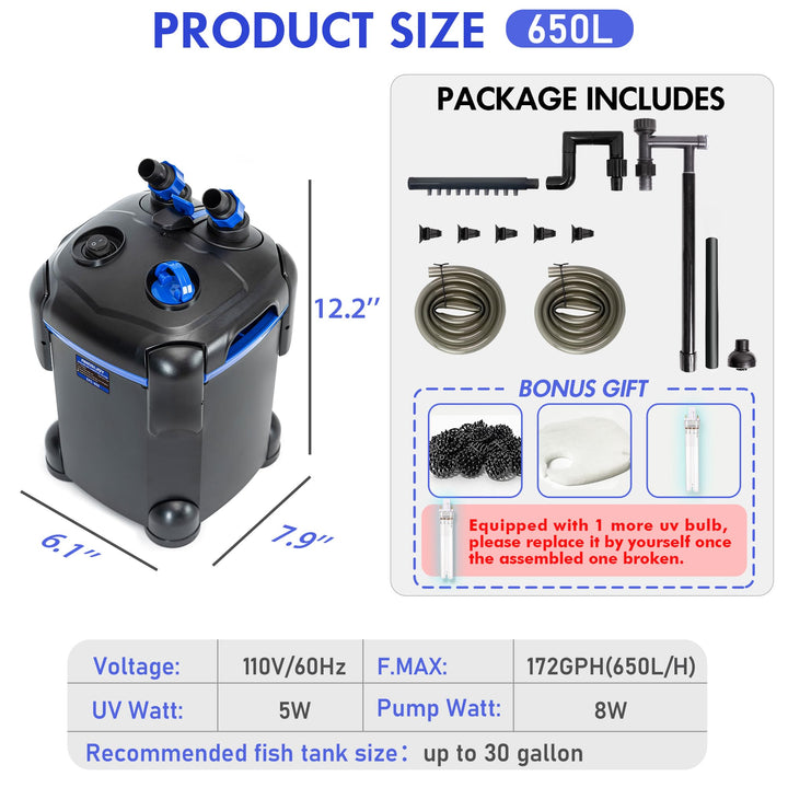 AMOSIJOY 172GPH Canister Filter, Ultra-Quiet External Aquarium Filter with Free Media for Large Fish Tanks and Aquariums (172GPH)
