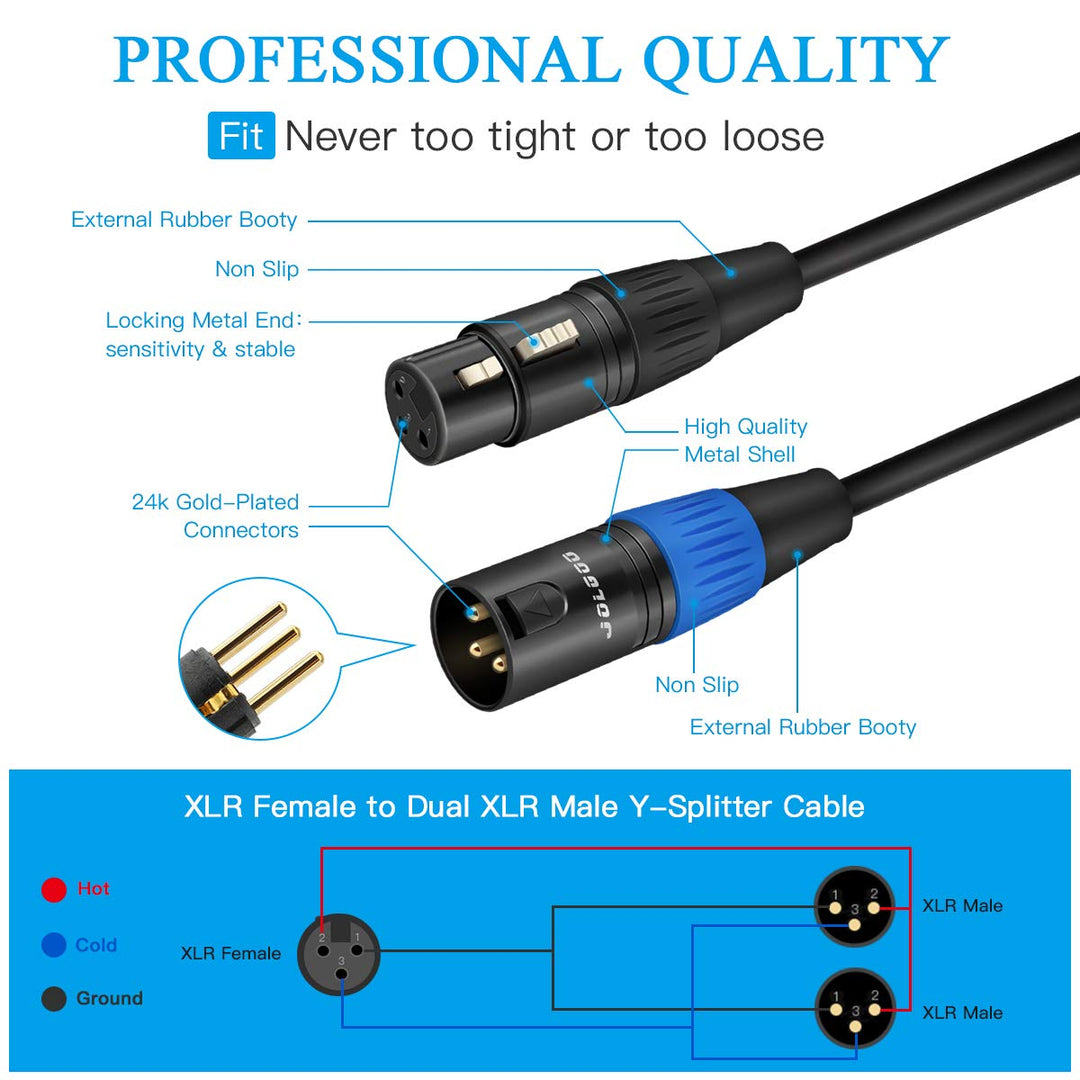 XLR Splitter Cable, XLR Female to Dual XLR Male Y Splitter Microphone Cable, Female to 2 Male XLR Y Cable, 1.6 Feet