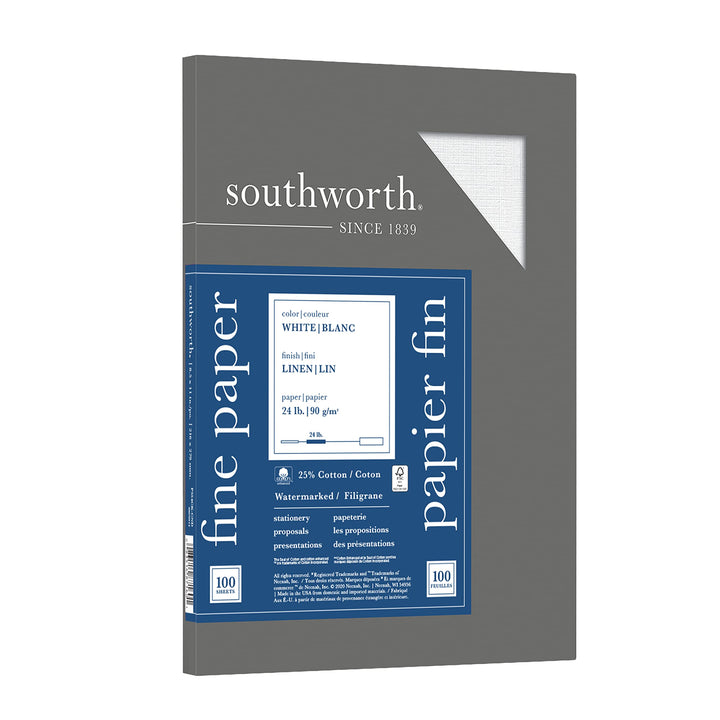 ® 25% Cotton Linen Business Paper, White, Letter (8.5 x 11), 100 Sheets Per Pack, 24 Lb, 94 Brightness
