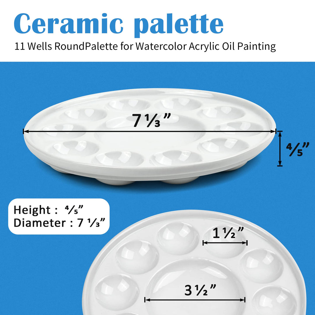 Artist Ceramic Palette, 11 Well Round Porcelain Watercolor Paint Palette for Watercolor Gouache Acrylic Oil Painting, 7-Inch