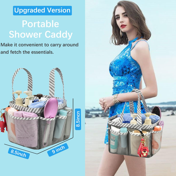 Mesh Shower Caddy Bag, Portable College Dorm Bathroom Tote, Quick Dry Holder for Camp Gym, 8 Basket Pockets with Key Hook and 2 Oxford Handles, Gray