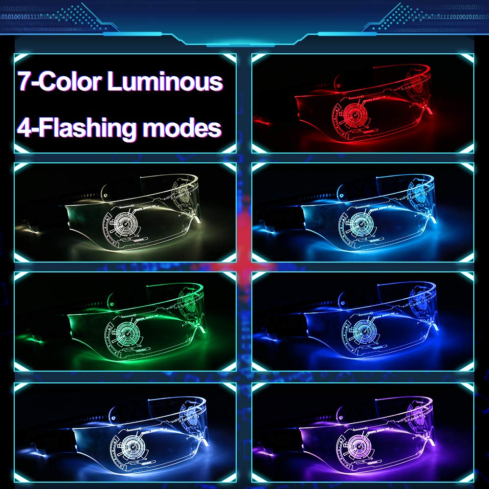 LED Light Up Glasses for adult with 7 Colors and 4 Modes Rechargeable Futuristic style Glasses