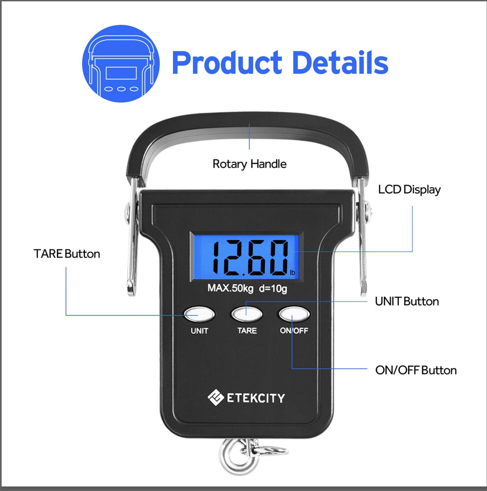 Fishing Scale with Backlit LCD Display, 110lb/50kg Digital Electronic Hanging Hook Scale with Batteries and Carry Pouch Included, Black, Non-Slip Handle