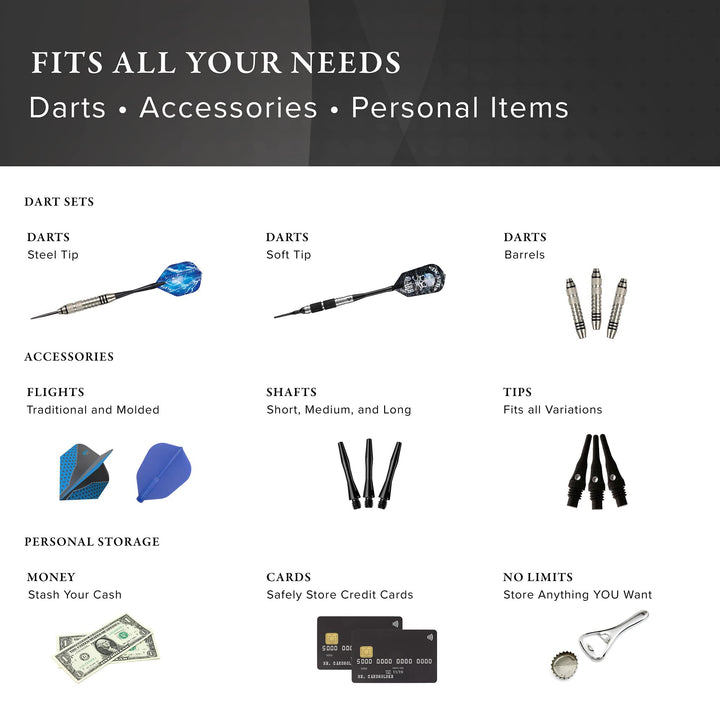 Sentry 6 Dart Case Slim, Holds Extra Accessories, Tips, Shafts and Flights, Compatible with Steel Tip and Soft Tip Darts, Impact &amp; Water Resistant TacTech Shell, Black Zipper