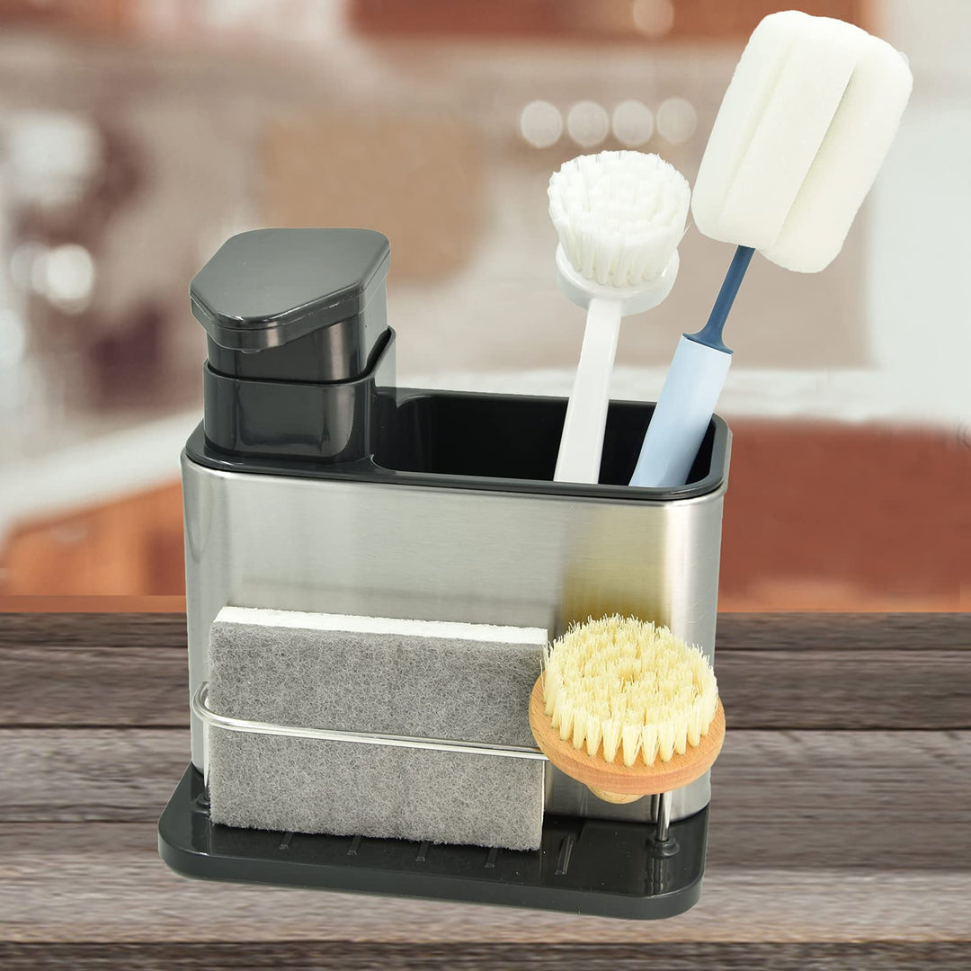 Soap Dispenser with Sponge Holder and Brush Holder, Kitchen Dish Soap Pump Sink Caddy for Countertop, Stainless Steel