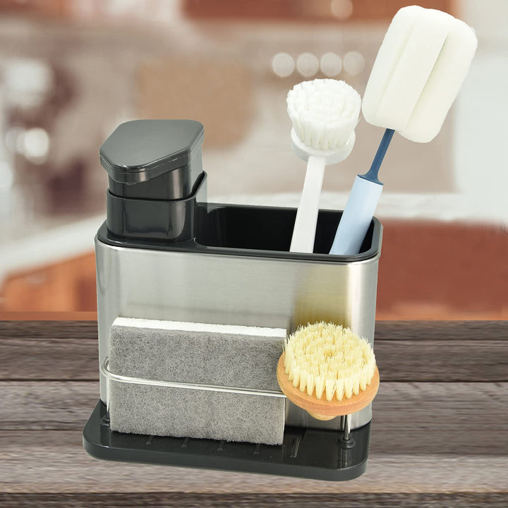Soap Dispenser with Sponge Holder and Brush Holder, Kitchen Dish Soap Pump Sink Caddy for Countertop, Stainless Steel