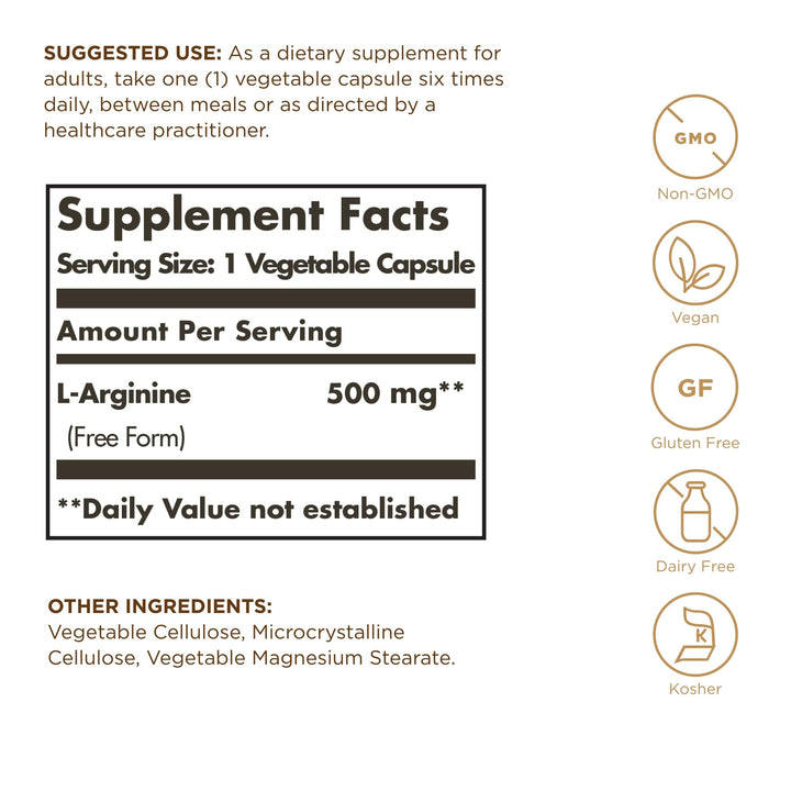 Solgar L-Arginine 500 mg - 100 Vegetable Capsules - Nit