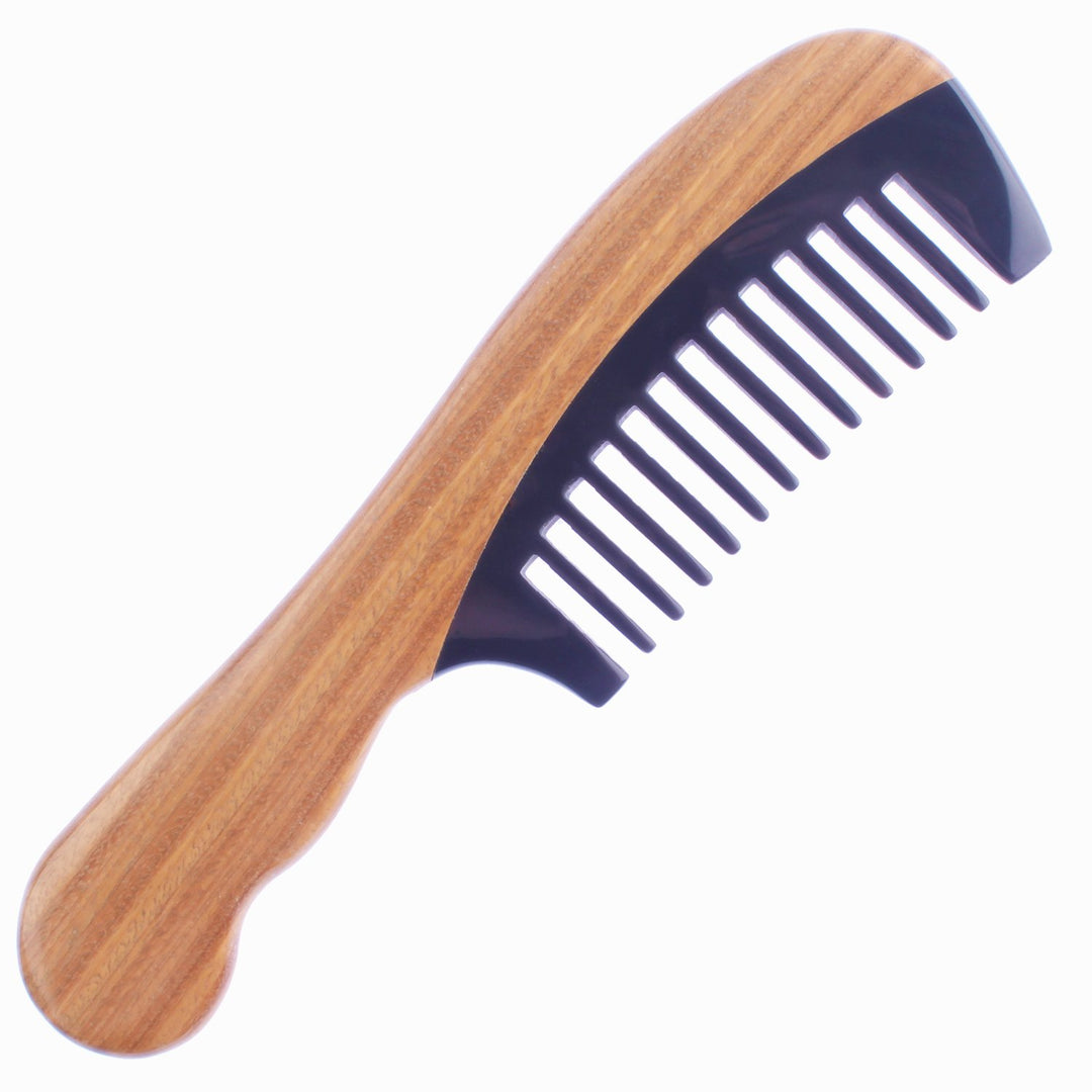 Sandalwood Hair Comb - Wavy Handle Wide Tooth Comb for Women - No Static Wooden Black Buffalo Horn Comb for Detangling