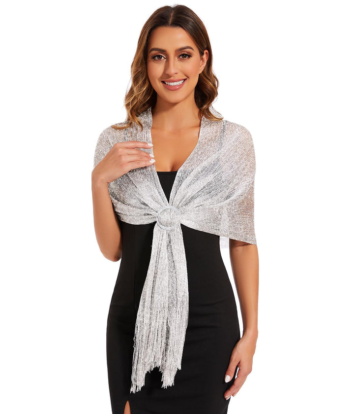 Sparkling Metallic Shawls and Wraps with Buckle,Women Shawls and Wraps for Evening Dresses,Silver