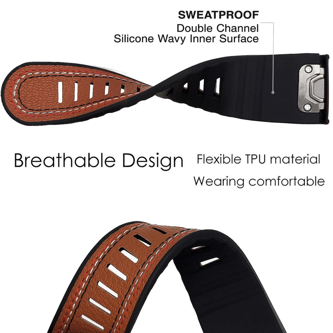 Abanen Quick Fit 26mm Watch Bands for Garmin Fenix 7X Solar/Fenix 6X Pro/Fenix 5X, Fiber Leather with Silicone Lining Stitches Soft Sweat-proof Wrist Strap for Enduro/Enduro 2,Tactix Delta (Brown)