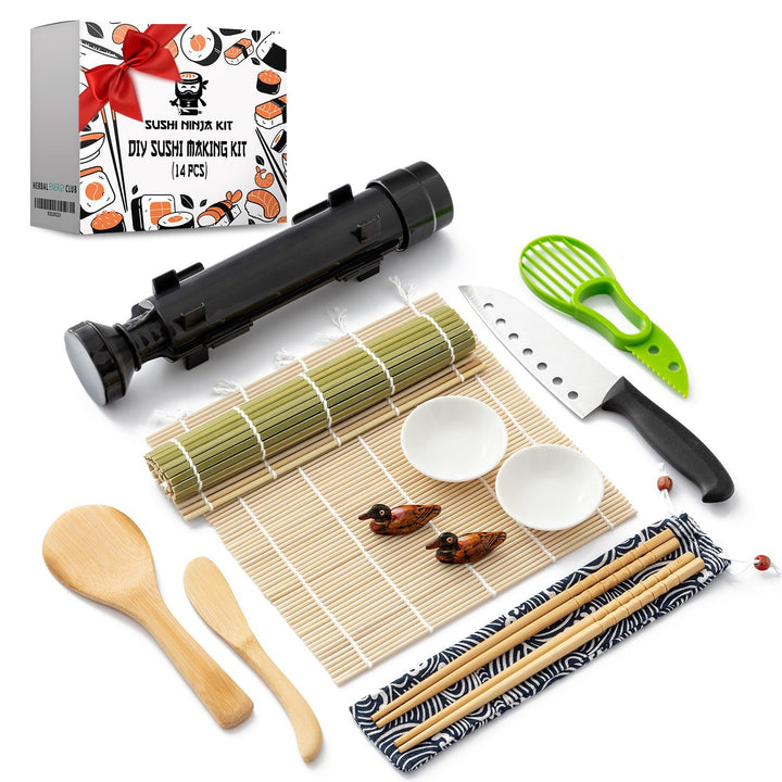 Sushi Making Kit for Beginners - Sushi Bazooka Sushi Maker Kit with Bamboo Sushi Rolling Mat, Sushi Knife, Avocado Slicer, Chopsticks, Rice Paddle, Rice Spreader, Sauce Dish &amp; DIY Sushi Roller Guide