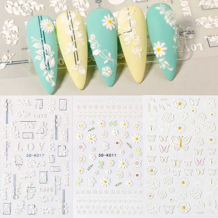 Self-Adhesive Nail Art Stickers - 5D Stereoscopic Embossed Nail Decals Nail Decorations Creative DIY Nail Sticker Include Flower Nail Decor Stickers,Butterfly Nail Stickers,Etc.3 Sheets
