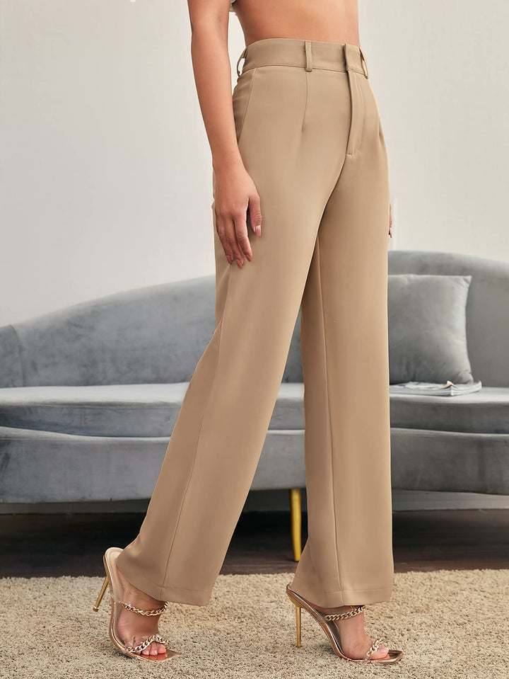 Women&#39;s Elegant High Waist Solid Long Pants Office Trousers Khaki S