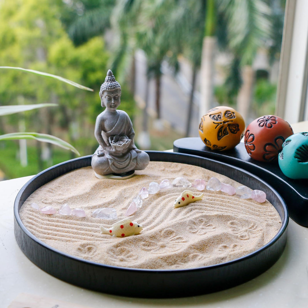 Japanese Meditation Buddha Zen Garden - Tabletop Crystal Rock Sand Zen Garden Kit for Desk Sandbox w/Zen Rake Stamp Spheres Accessories Tools Healing Stone Office Relaxation Zen Decor Zen Gifts