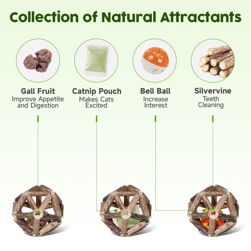 Catnip Toys, 3Pcs Cat Toys Natural Silvervine Stick Cage Balls & Bell Ball for Indoor Cats, Kitten Cleaning Teeth Molar Matatabi Cat Chew Toy All Breeds