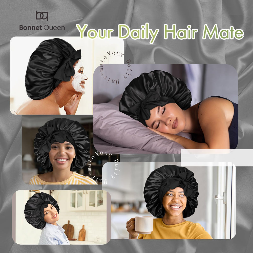 Silk Bonnet for Sleeping Women Satin Bonnet Hair Bonnet Large Bonnet Night Sleep Cap Scarf Wrap for Curly Hair with Tie Band Black