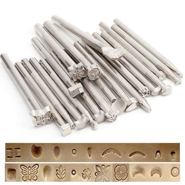 20PCS Leather Stamping Tools, Different Shape Saddle Making Stamp Punch Set, Manual Carved Embossing Hammer Kit
