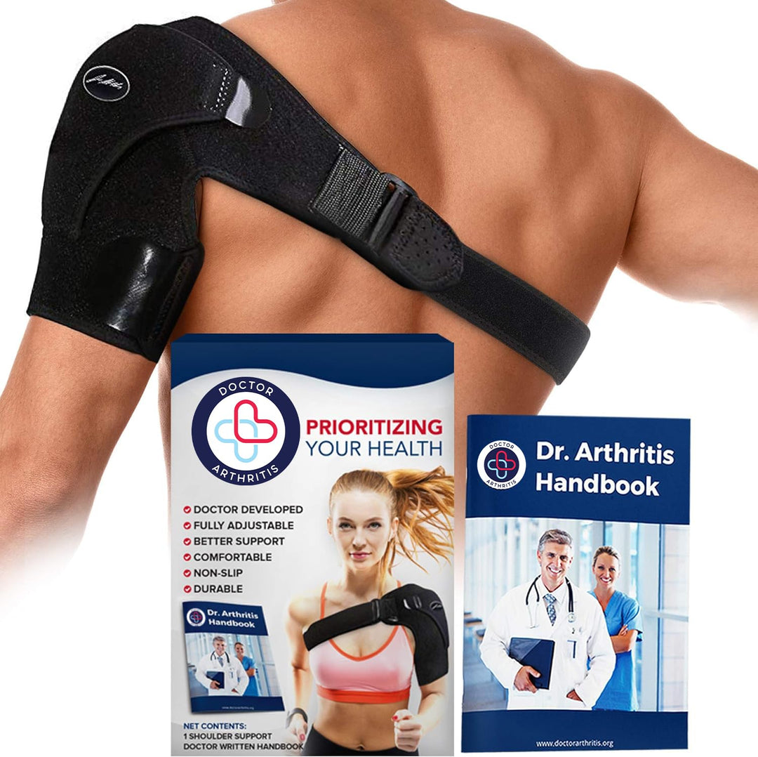 Doctor Developed Shoulder Brace for Pain Relief &amp; Recovery - Left/Right Shoulder Brace - Durable Shoulder Brace for Women &amp; Men - Shoulder Brace for Torn Rotator Cuff with Doctor Handbook (Black)