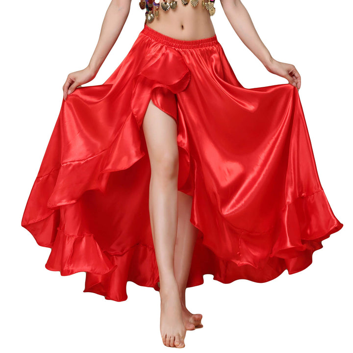 Belly Dance Skirt Satin Split Side Long Skirts for Women Hot Red