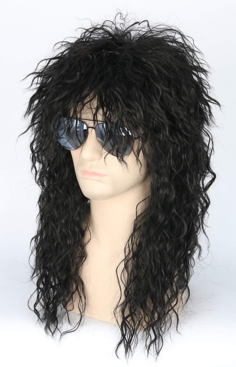 Men’s 80s Wig Black Mullet Wigs Halloween Costume Male Wig Punk Heavy Metal Rocker Wig Curly Long