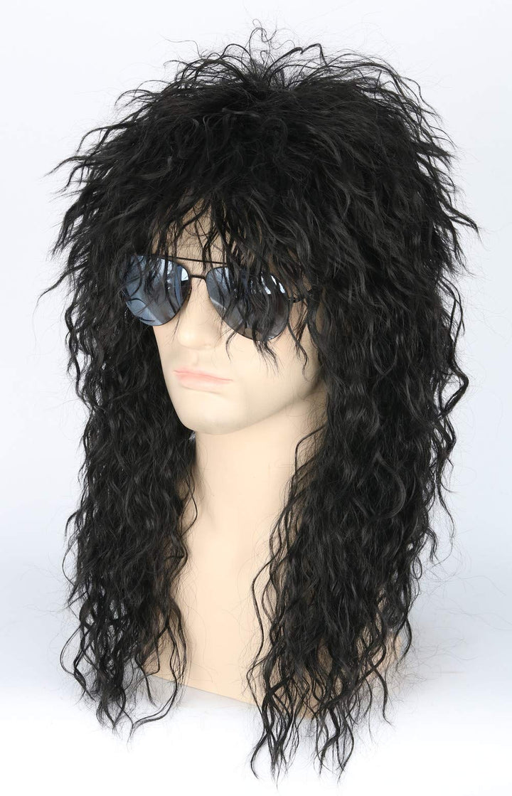 Men’s 80s Wig Black Mullet Wigs Halloween Costume Male Wig Punk Heavy Metal Rocker Wig Curly Long
