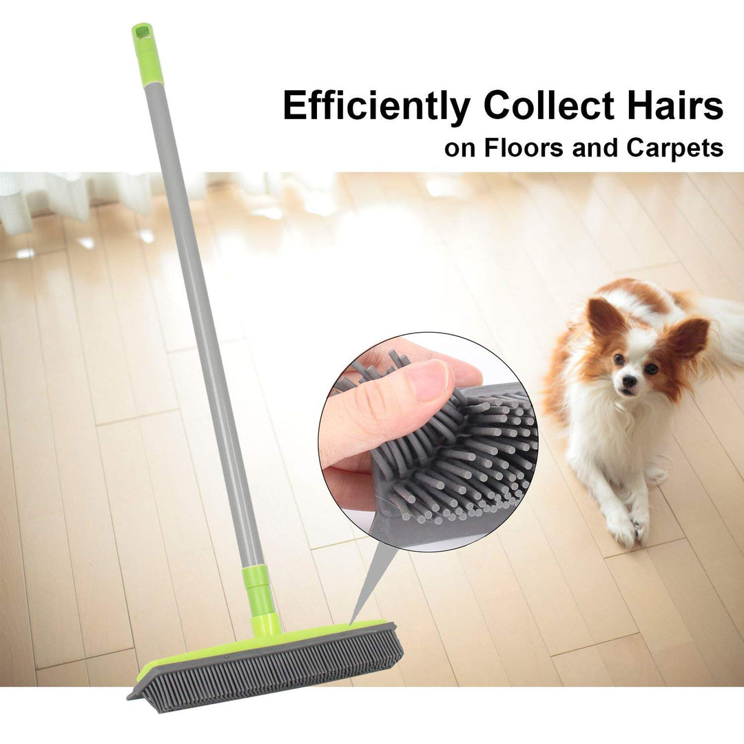 Iamagie Push Broom Long Handle Rubber Bristles Sweeper Squeegee Edge 59 inches Non Scratch Bristle Broom for Pet Cat Dog Hair Carpet Hardwood Tile Windows Clean Water Resistant