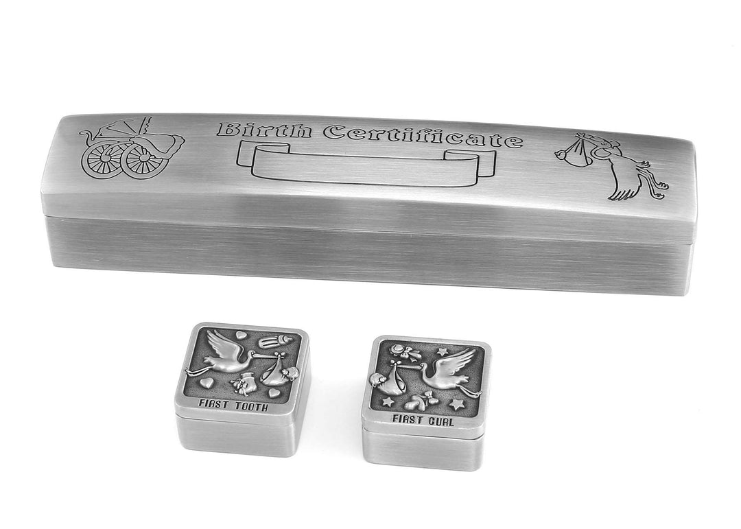 Mogoko Silver Birth Certificate Holder Set with First Tooth and Curl Keepsake Box for Children Kids