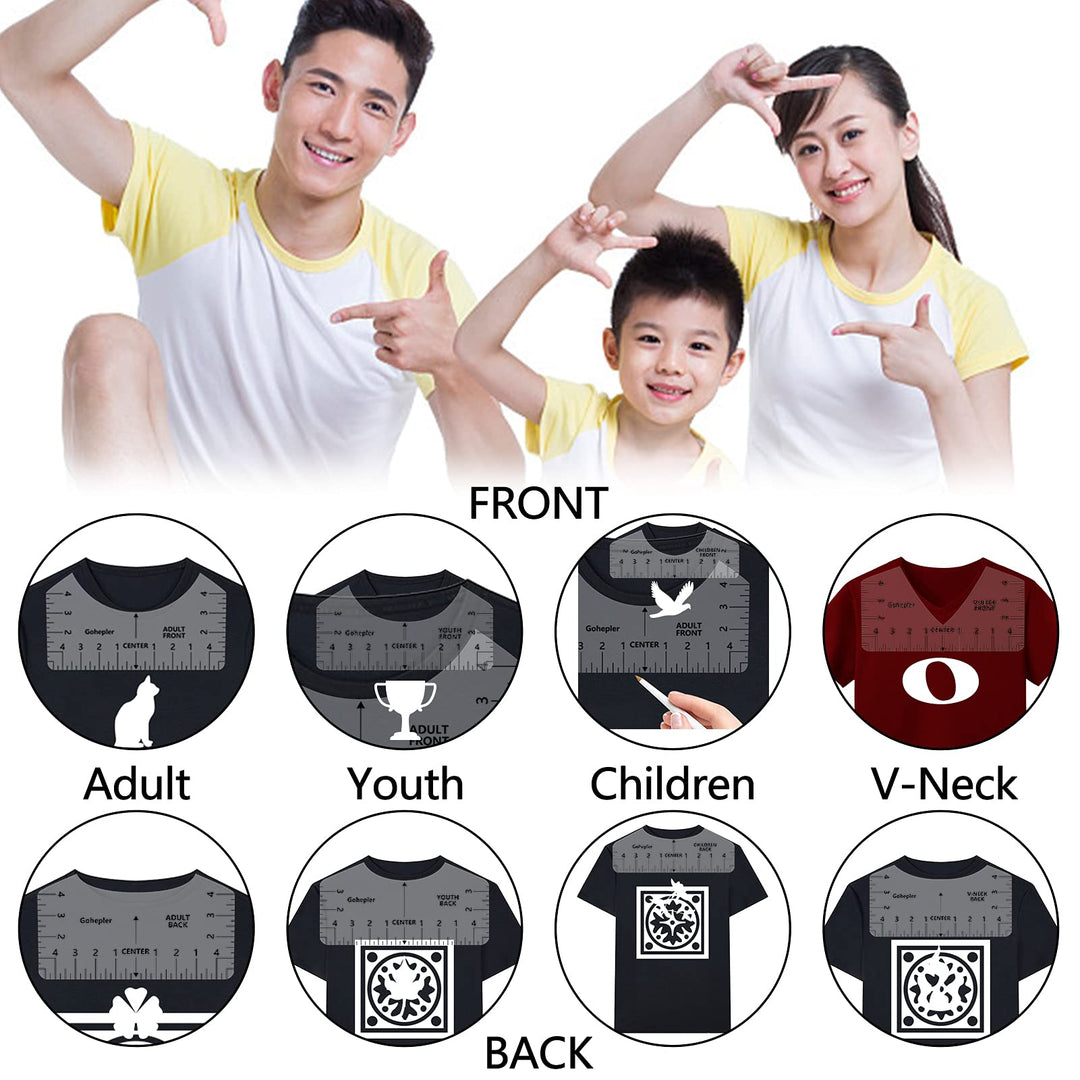 T-Shirt Alignment Ruler Guide Tool 8 Pack T-Shirt Rulers Transparent V-NeckRound T Ruler for Adults Youth Toddler Infant, Front and Back Measurement