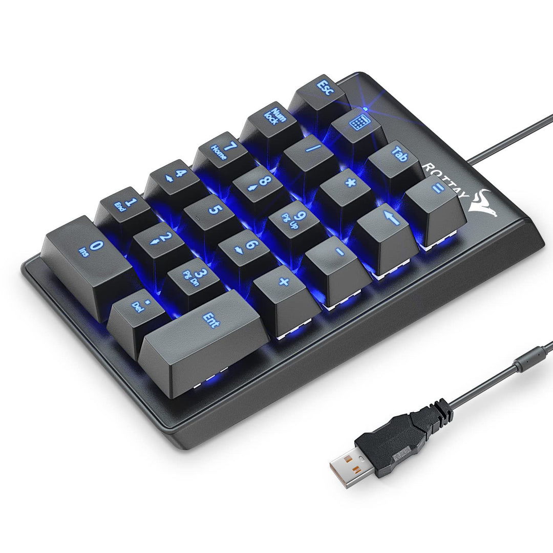 Number Pad, Mechanical USB Wired Numeric Keypad with Blue LED Backlit 22 Key Numpad for Laptop Desktop Computer PC Black (Blue switches)