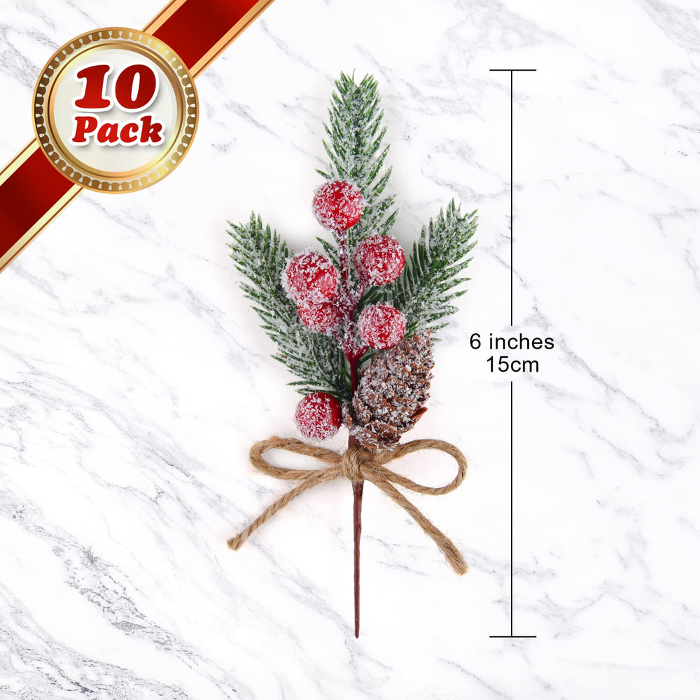 10 Pcs Christmas Picks Decorations Artificial Pine Branches Stems Spray with Pine Cones Faux Pine Picks Red Berry Holly Leaves for Craft Floral Christmas Wreath Picks Ornaments, Red