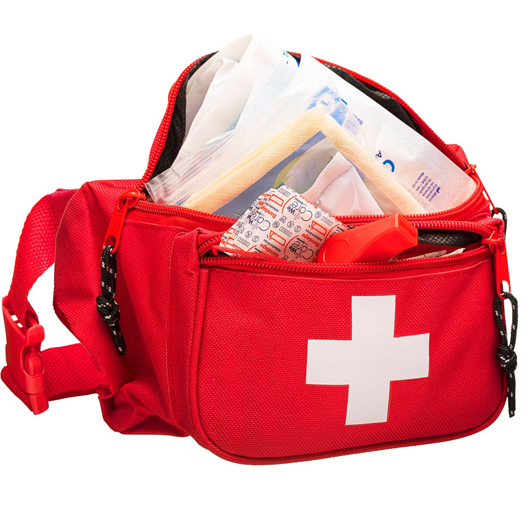 First Aid Fanny Pack Stocked with 75 Piece Emergency Essentials, 8x2x6, Waist Bag w/ 3 Zippered Compartments &amp; Adjustable Strap for Lifeguard, Hiking, Travel Men &amp; Women, Durable, Red