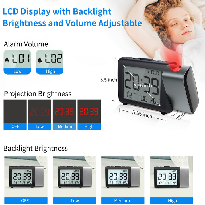 Projection Alarm Clock for Bedroom: Digital LCD Clock with Temperature Date Snooze 12/24H and Weekend Mode, Easy Set Dimmer Clock with 2-Levels Volume, Mains and Battery Operated