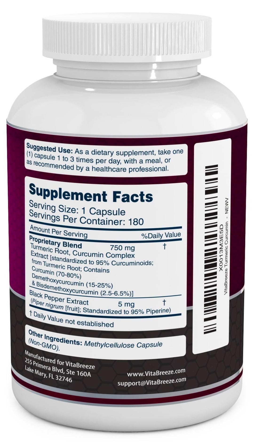 Turmeric Curcumin Complex with Black Pepper Extract - 755mg per Capsule, 180 Veg. Caps - Contains Piperine (for Superior Absorption and Tumeric Bio-Availability) and 95% Standardized Curcuminoids