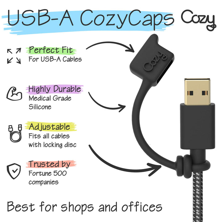 [4-Pack] USB Caps/Covers/Tether for USB A Cables with Dust Protection, Protects During Travel, Portable, Designed (USB A Black)
