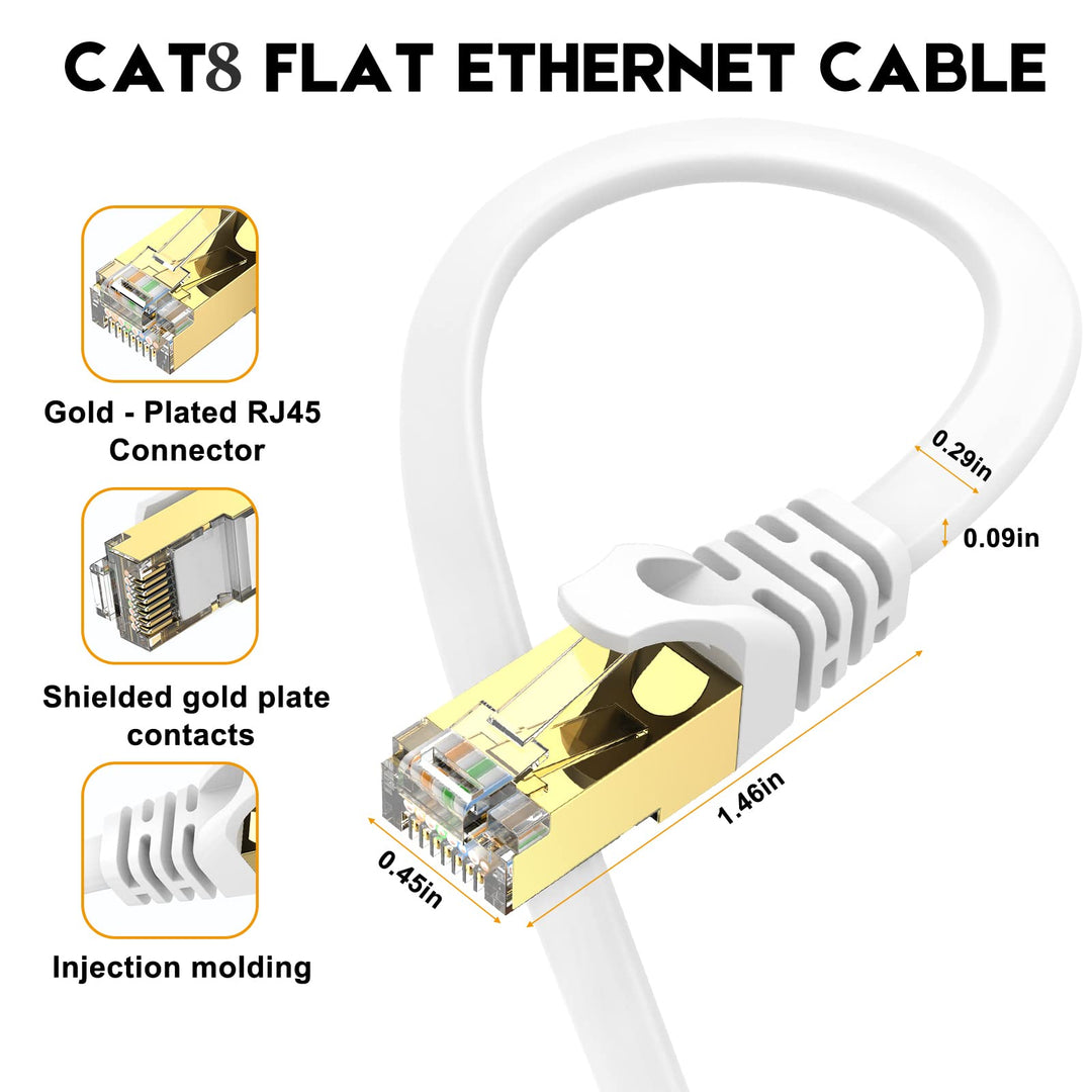 Ethernet Cable 50 ft, CAT8 Standard High Speed Shielded Flat Internet Cable with Clips, Faster Than Cat7 LAN Wire - White 15 M