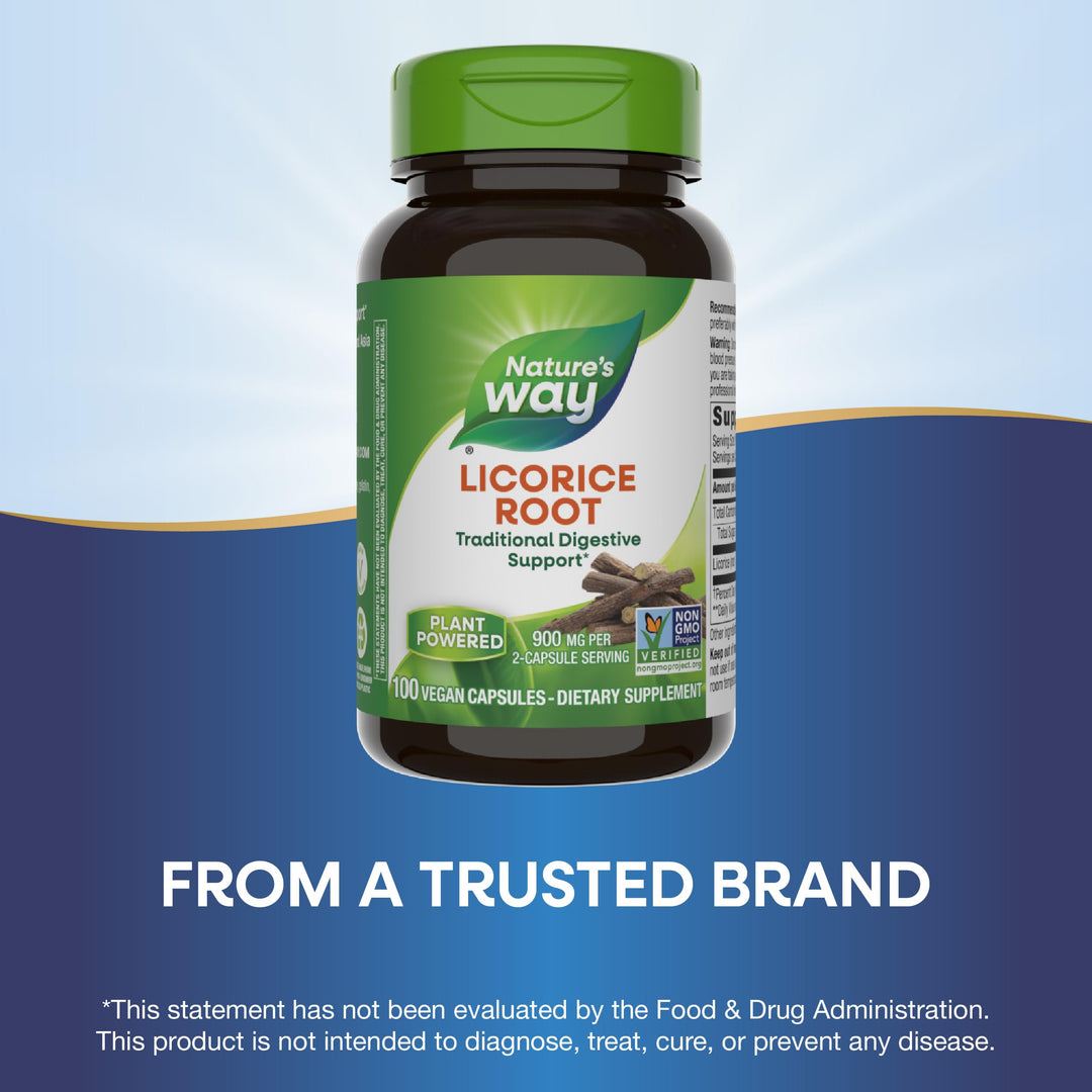 Nature&#39;s Way Licorice Root, Traditional Digestive Support Supplement*, 900 mg per 2-Capsule Serving, Non-GMO Project Verified, 100 Vegan Capsules (Packaging May Vary)