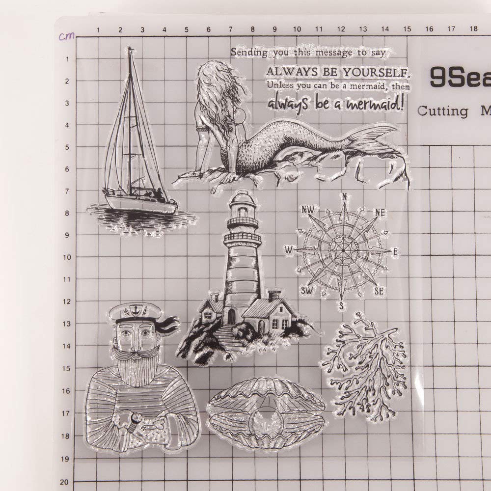 Mermaid Compass Ship Captain Lighthouse Pearl in Shell Clear Stamps and Dies Set, 6.1 by 7.5 Inch, DIY Scrapbooking Card Making Paper Crafts Silicone Stamps and Dies