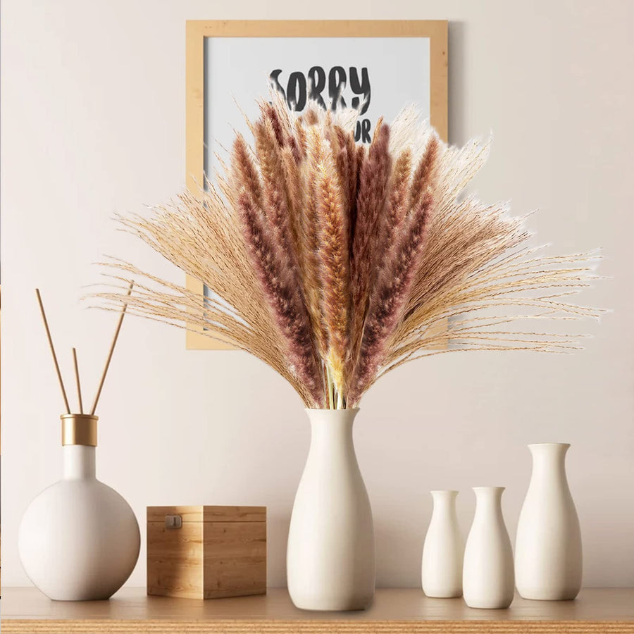 Pampas Grass Decor, 80pcs Natural Dried Pampas Grass - Brown Pampas Mixed Reed Grass for Boho Decor, Fluffy Pampas Grass Bouquet/Pompas Floral for Flower Arrangements Wedding Home Decor