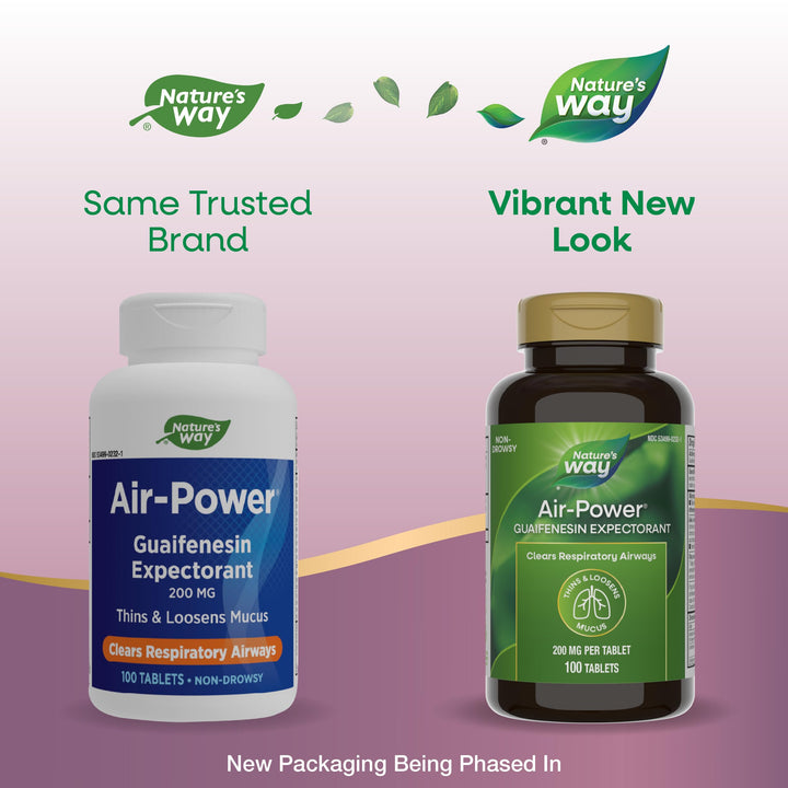 Nature’s Way Air-Power, Guaifenesin Expectorant, Clears Respiratory Airways, Thins &amp; Loosens Mucus, Vegan, 100 Tablets (Packaging May Vary)