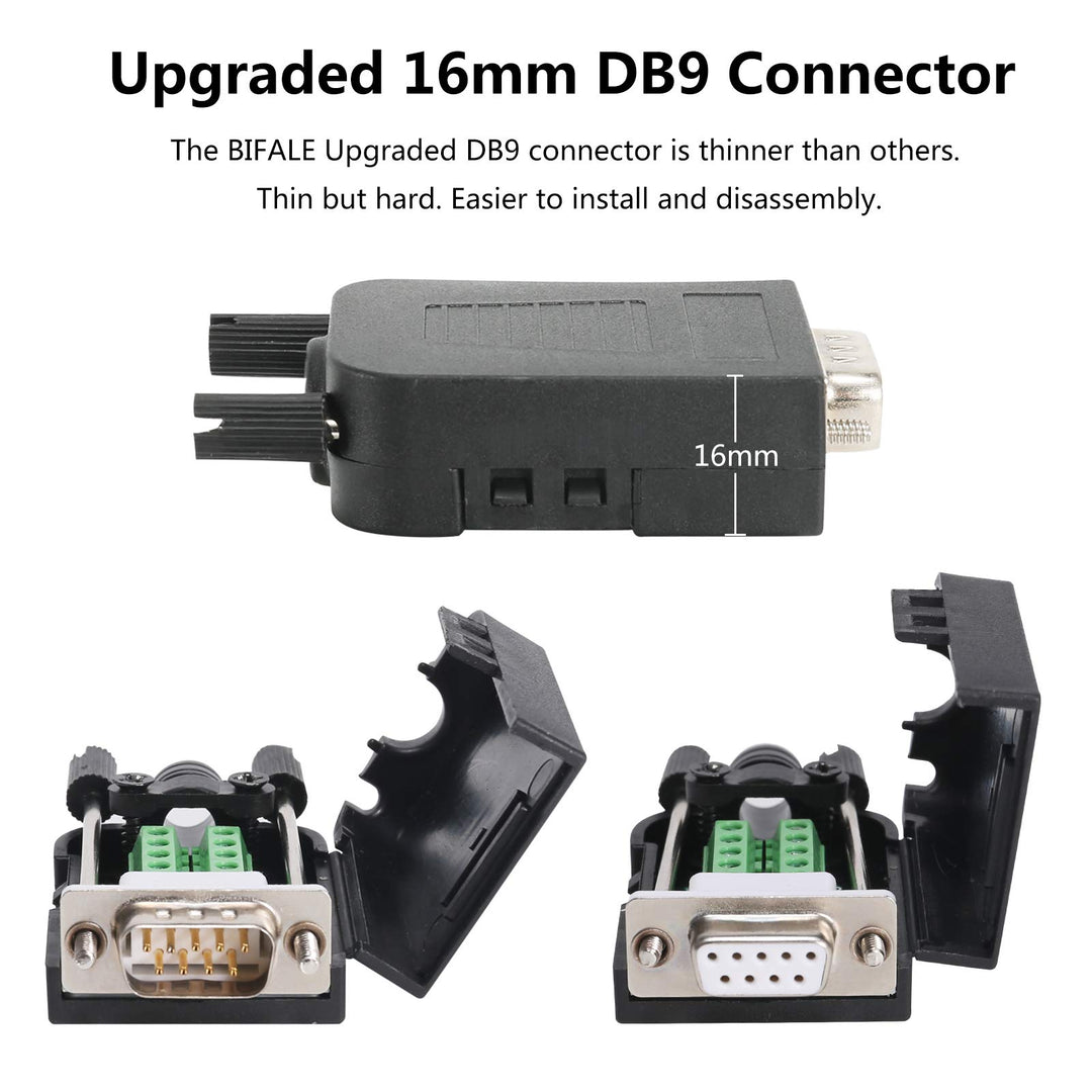 DB9 Breakout Connector (2 Male+2 Female), DB9 Solderless Connector RS232 D-SUB Serial Adapters 16mm thinner 9 Pin Port Terminal Breakout Board with Case Long Bolts Tail Pipe