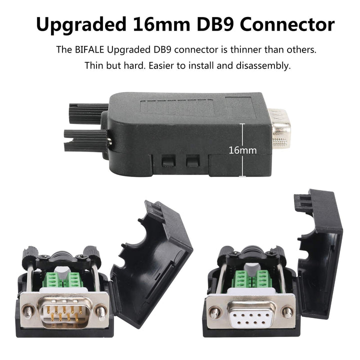 DB9 Breakout Connector (2 Male+2 Female), DB9 Solderless Connector RS232 D-SUB Serial Adapters 16mm thinner 9 Pin Port Terminal Breakout Board with Case Long Bolts Tail Pipe