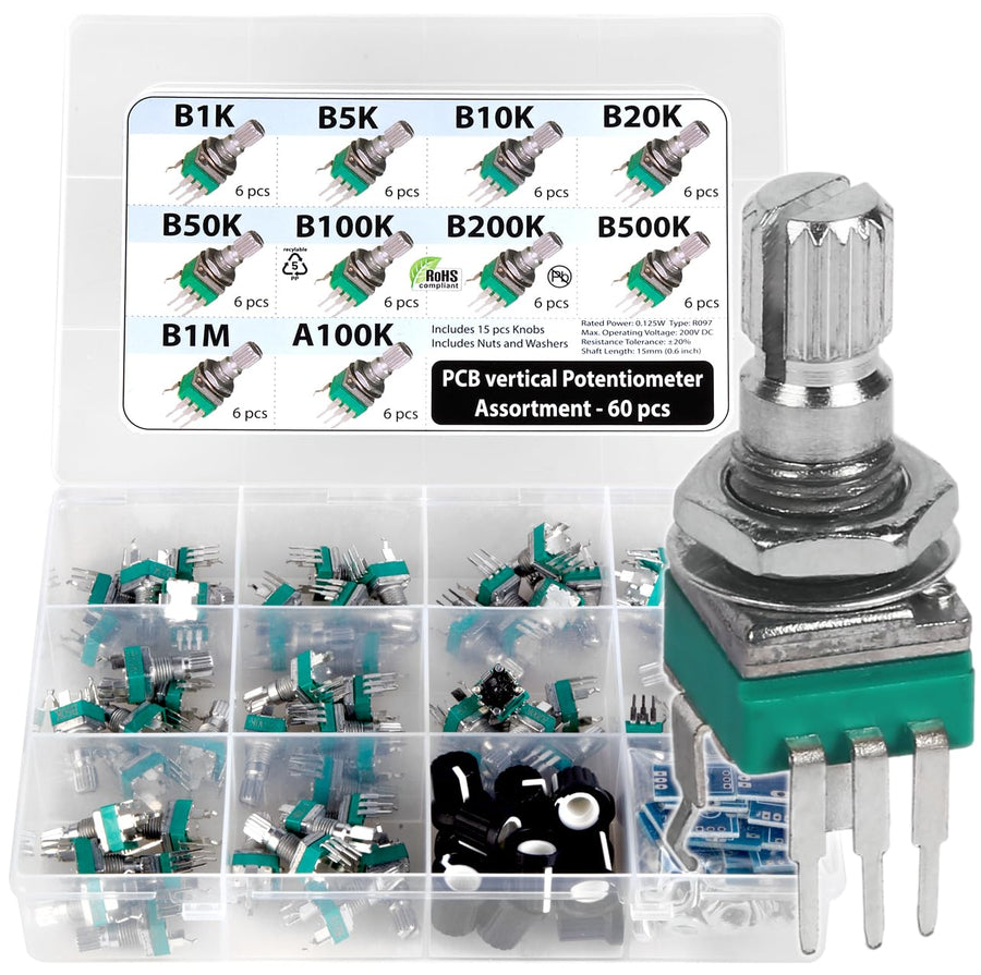 60 pcs Small 9mm onboard PCB Potentiometer Assortment 10 Values, B1K, B5K, B10K, B20K, B50K, B100K, B200K, B500K, B1M and A100K, Vertical Legs Terminal, 15mm axis, RV097 SMD