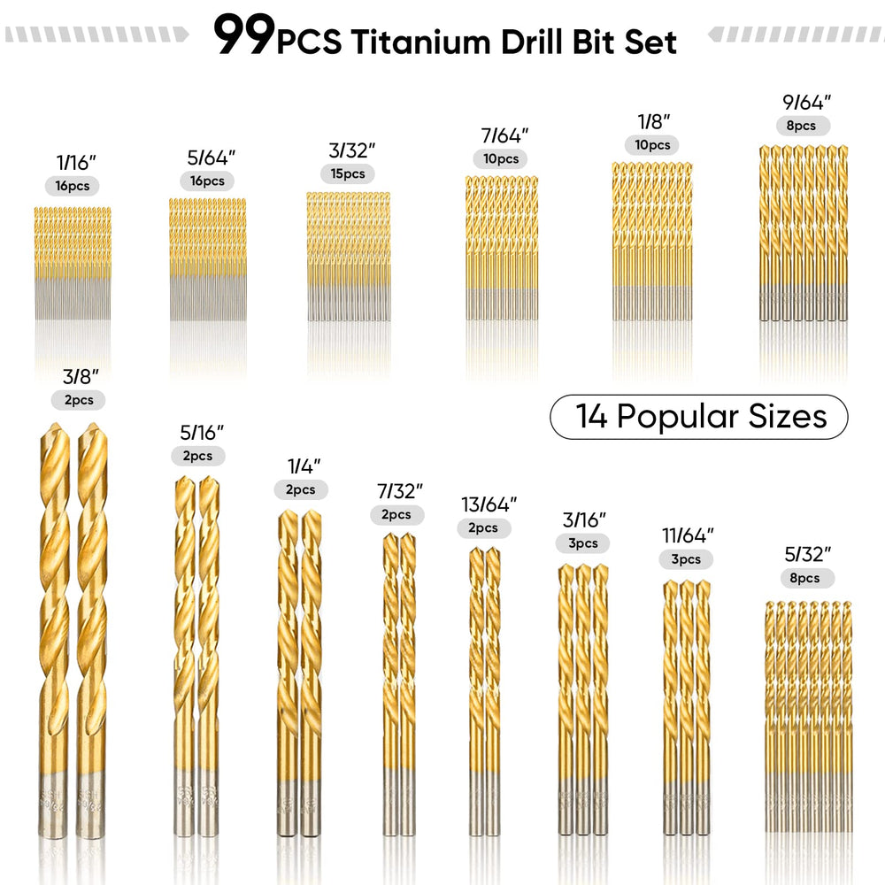 99PCS Titanium Coated Drill Bit Set, 135 Degree Tip HSS Bits Kit with Storage Case for Aluminum, Copper, Soft Alloy Steel, Wood, Plastic Size from 1/16 to 3/8