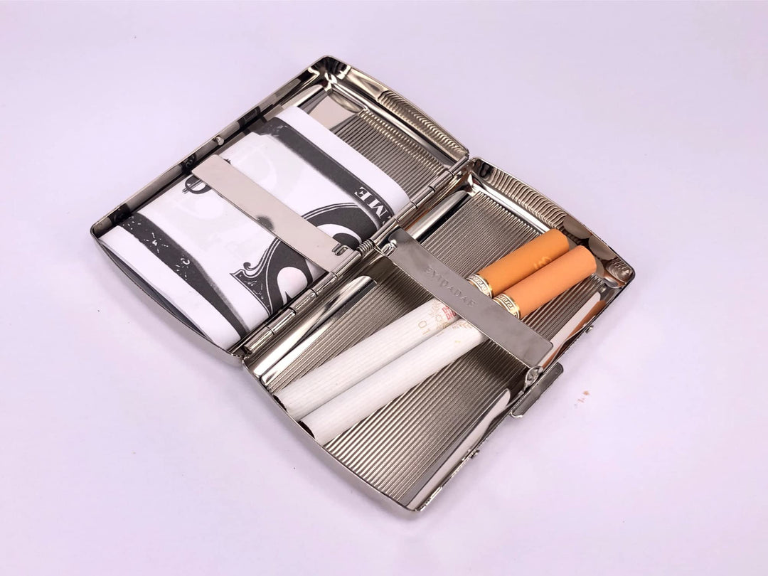 Mini Metal Cigarette Case - Women and Men, Portable Double Sided Spring Clip, Holds 12 85mm Cigarettes (Striped Silver)