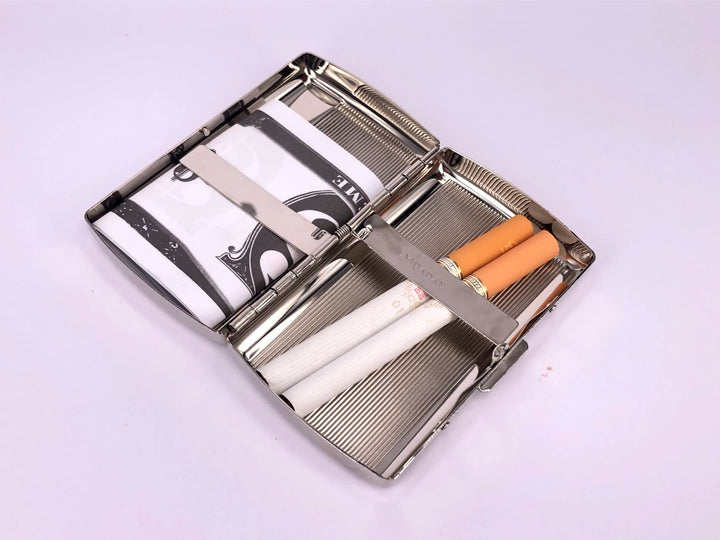 Mini Metal Cigarette Case - Women and Men, Portable Double Sided Spring Clip, Holds 12 85mm Cigarettes (Striped Silver)