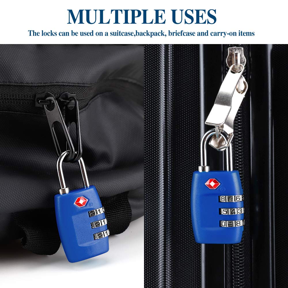 TSA Luggage Locks (4Pack) - 3 Digit Combination Padlocks - Approved Travel Lock for Suitcases &amp; Baggage (Dark Blue)